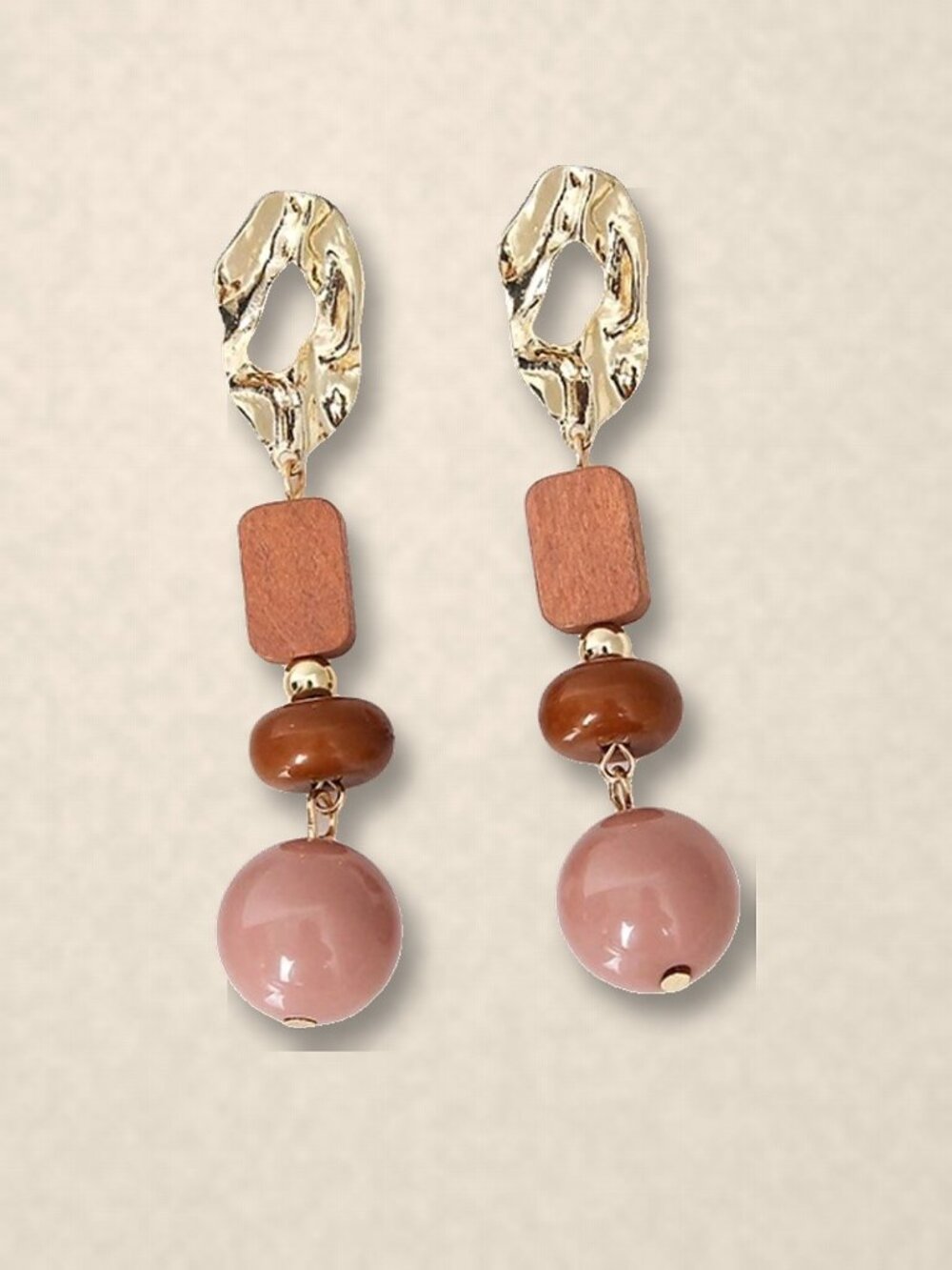 Long Wood Bead and Pink Acrylic Ball Drop Earrings, Gold Tone NWT